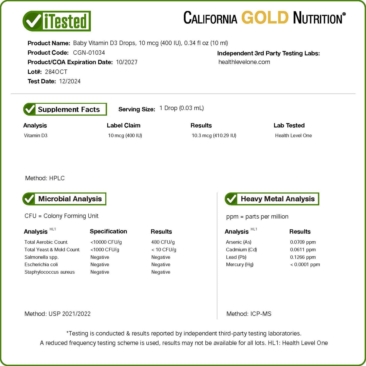 California Gold Nutrition, Baby Vitamin D3 Drops, 10 mcg (400 IU), 0.34 fl oz (10 ml)