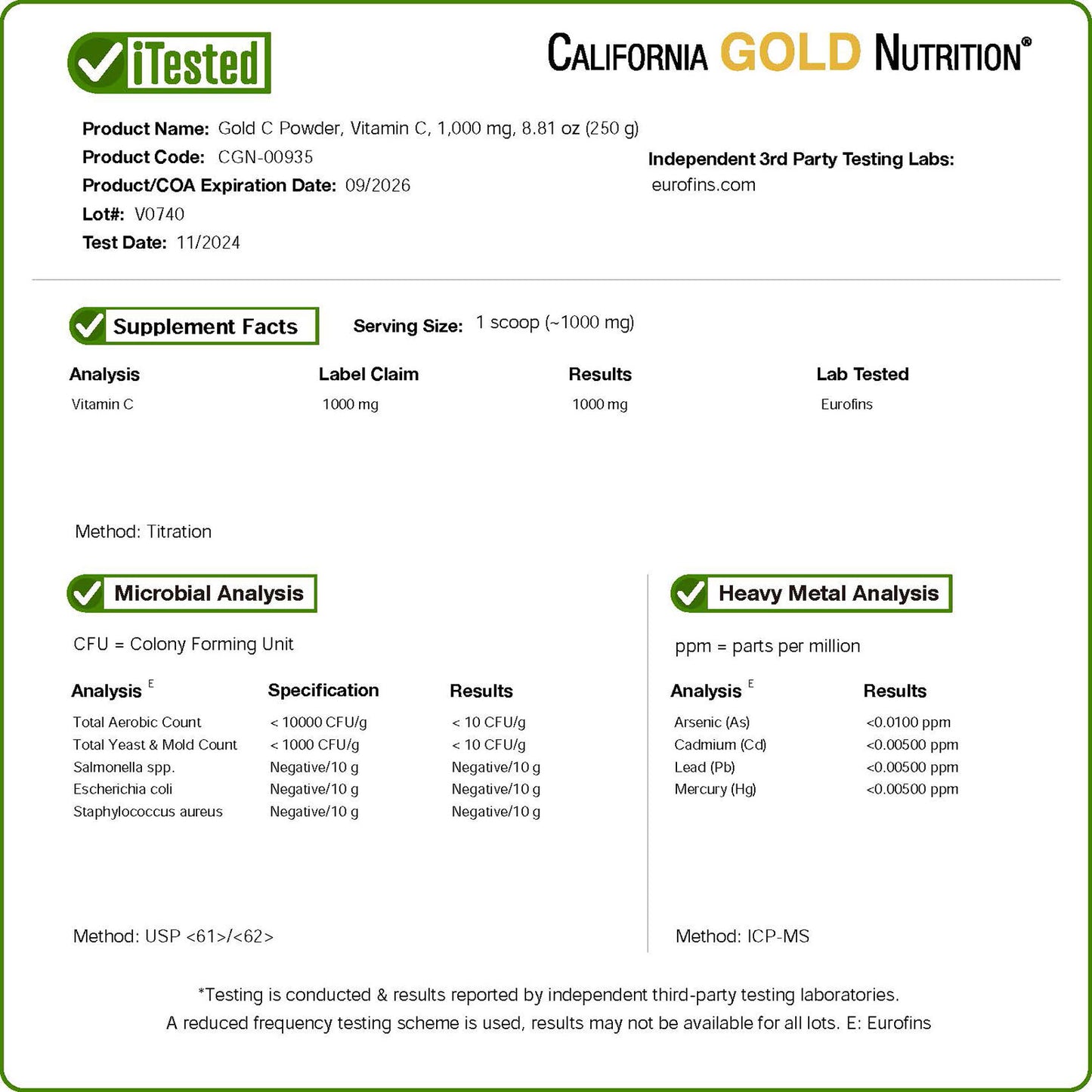 California Gold Nutrition, Gold C® Powder, USP Grade Vitamin C, 1,000 mg, 8.81 oz (250 g)