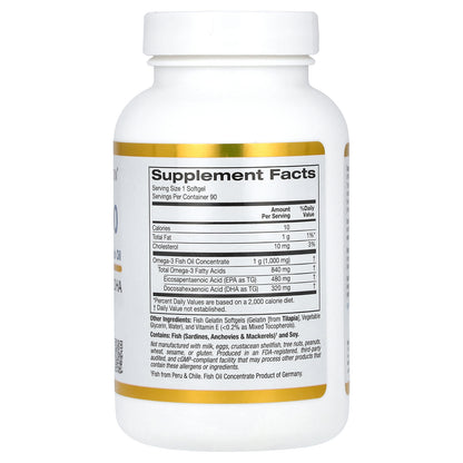California Gold Nutrition, Omega 800 Ultra-Concentrated Omega-3 Fish Oil, kd-pur Triglyceride Form, 90 Fish Gelatin Softgels (1,000 mg per Softgel)