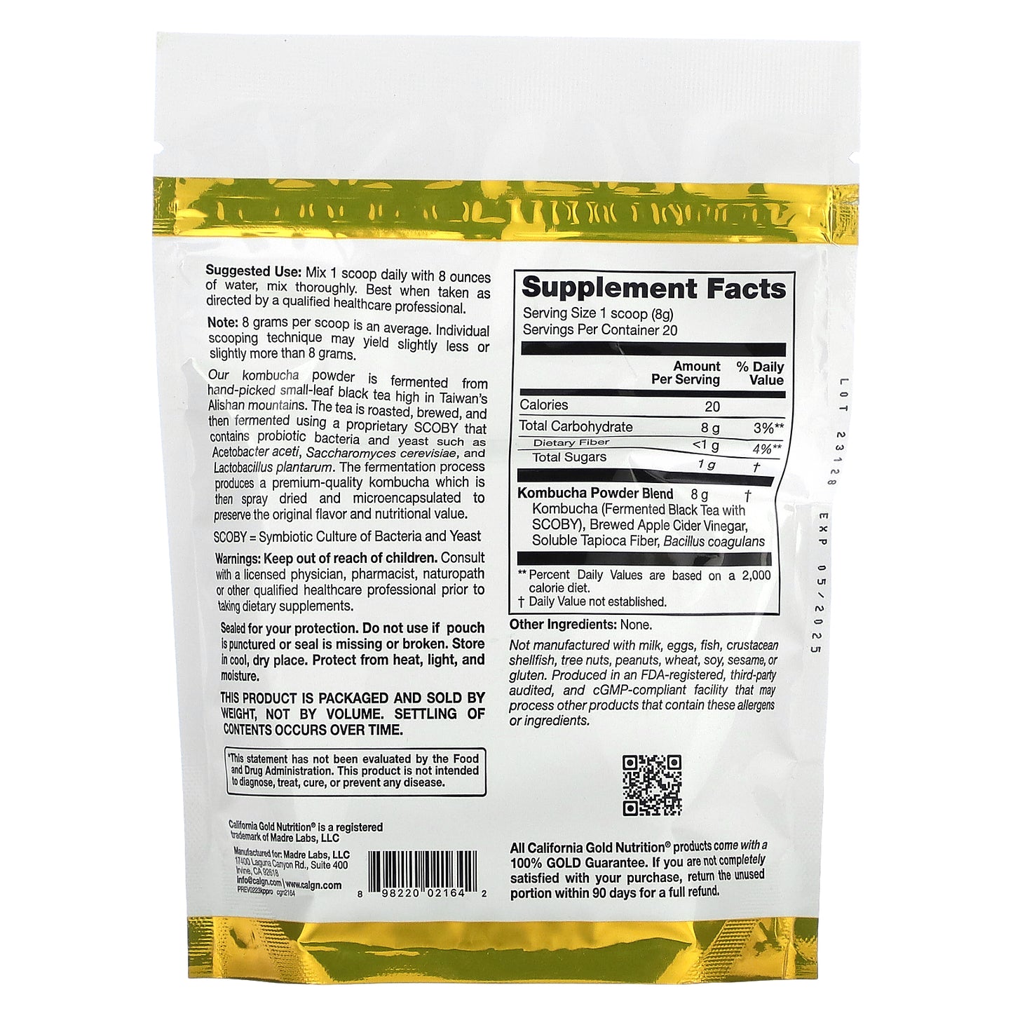 California Gold Nutrition, Superfoods, Kombucha Powder with Kombucha, Brewed Apple Cider Vinegar and Soluble Tapioca Fiber Plus Probiotics, 5.64 oz (160 g)