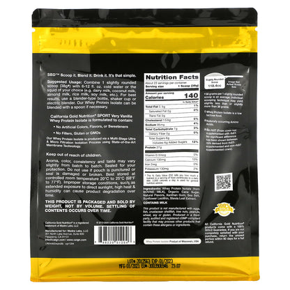California Gold Nutrition, Sport, Whey Protein Isolate with Organic Cane Sugar, with Sunflower Lecithin, Very Vanilla, 2 lb (907 g)