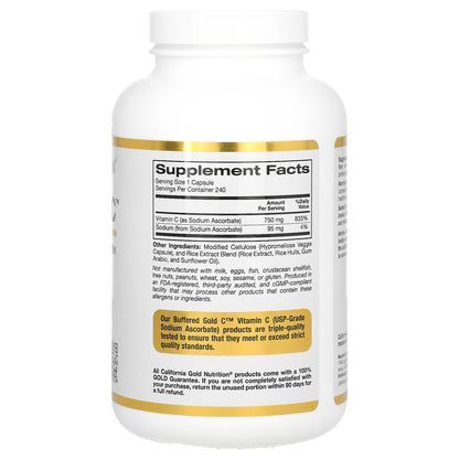 California Gold Nutrition, Buffered Gold C®, GOLD Standard Sodium Ascorbate (Vitamin C), 240 Veggie Capsules