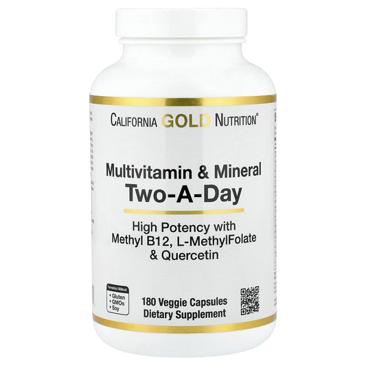 California Gold Nutrition, Multivitamin and Mineral with Methyl B12, Vitamin C, L-MethylFolate and Bio-Quercetin, Two-A-Day, 180 Veggie Capsules