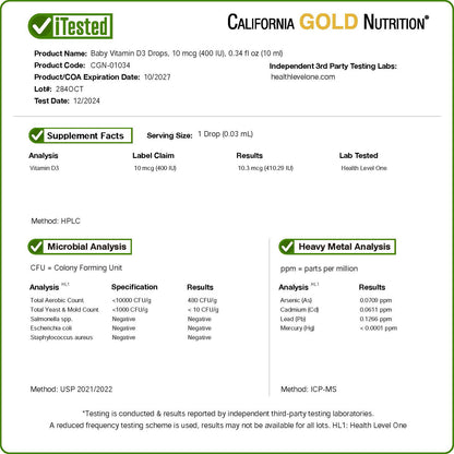 California Gold Nutrition, Baby Vitamin D3 Drops, 10 mcg (400 IU), 0.34 fl oz (10 ml)