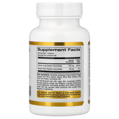 California Gold Nutrition, Buffered Gold C®, GOLD Standard Sodium Ascorbate (Vitamin C), 60 Veggie Capsules