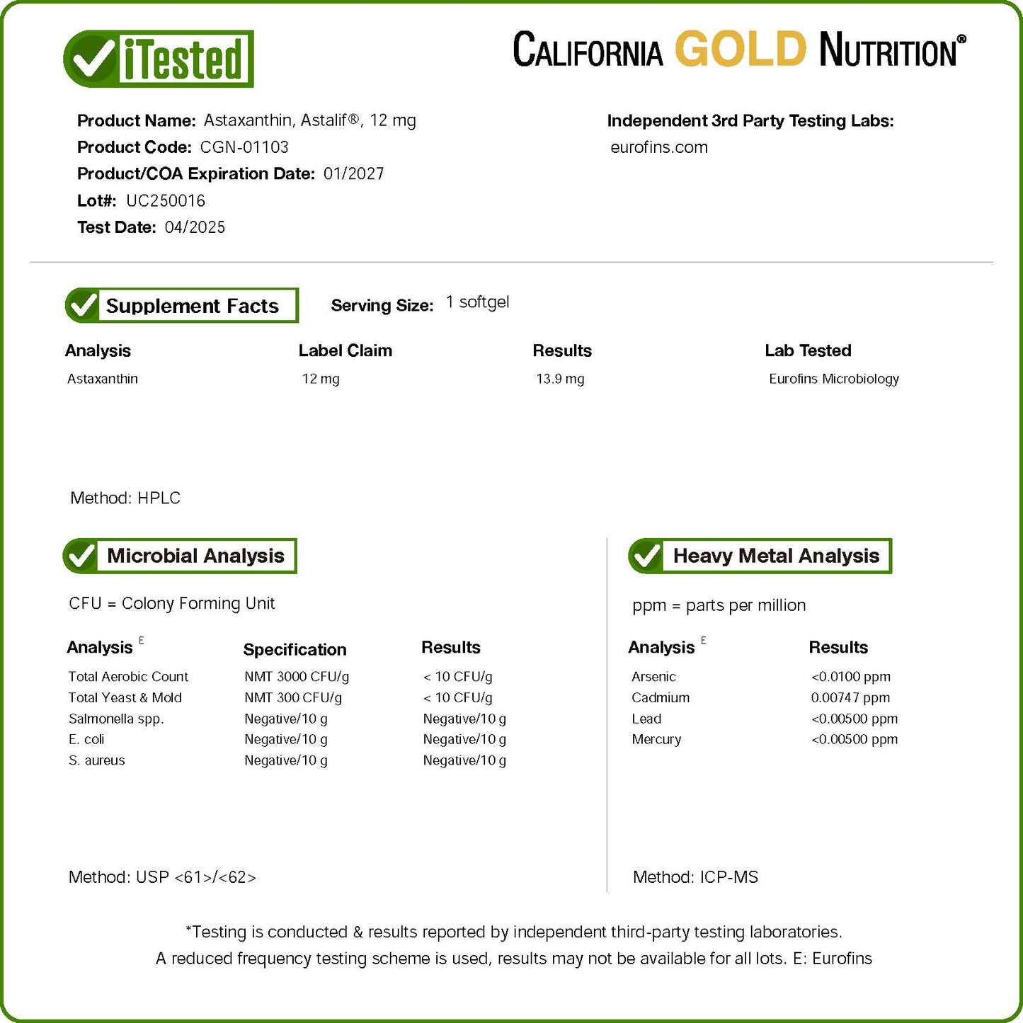 California Gold Nutrition, Astaxanthin, Astalif® Pure Icelandic, 12 mg, 30 Veggie Softgels