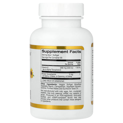California Gold Nutrition, Sunflower Vitamin E with Mixed Tocopherols, 400 IU, 90 Veggie Softgels