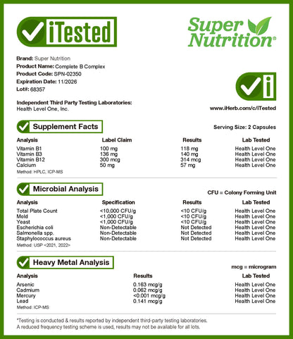 Super Nutrition, Complete B Complex with L-Methylfolate and Methylcobalamin B12, 180 Veggie Capsules