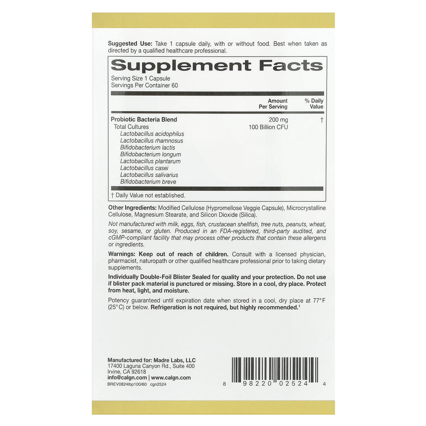California Gold Nutrition, LactoBif® 100 Probiotics, 100 Billion CFU, 60 Veggie Capsules