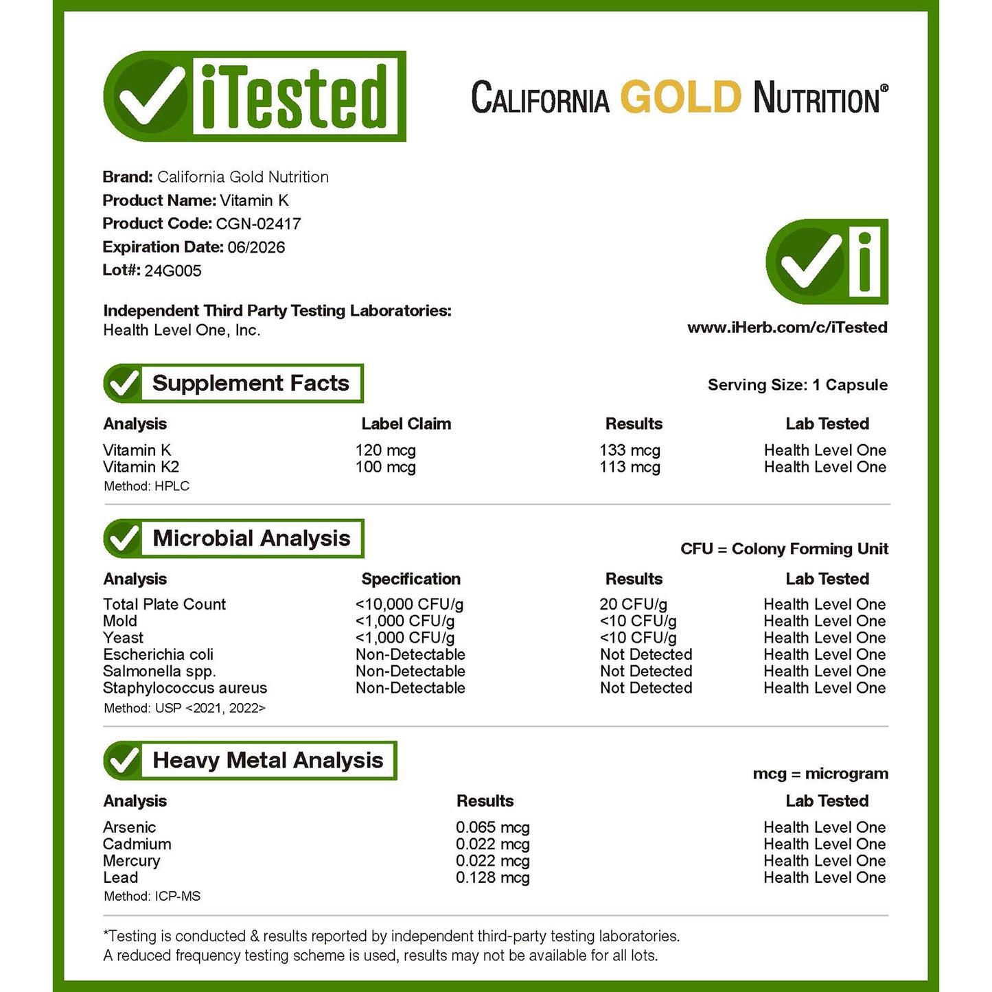 California Gold Nutrition, Vitamin K Complex, 60 Veggie Capsules