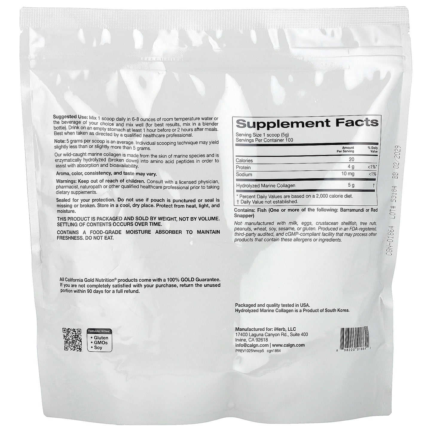 California Gold Nutrition, Hydrolyzed Marine Collagen Peptides, Unflavored, 1.1 lb (500 g)