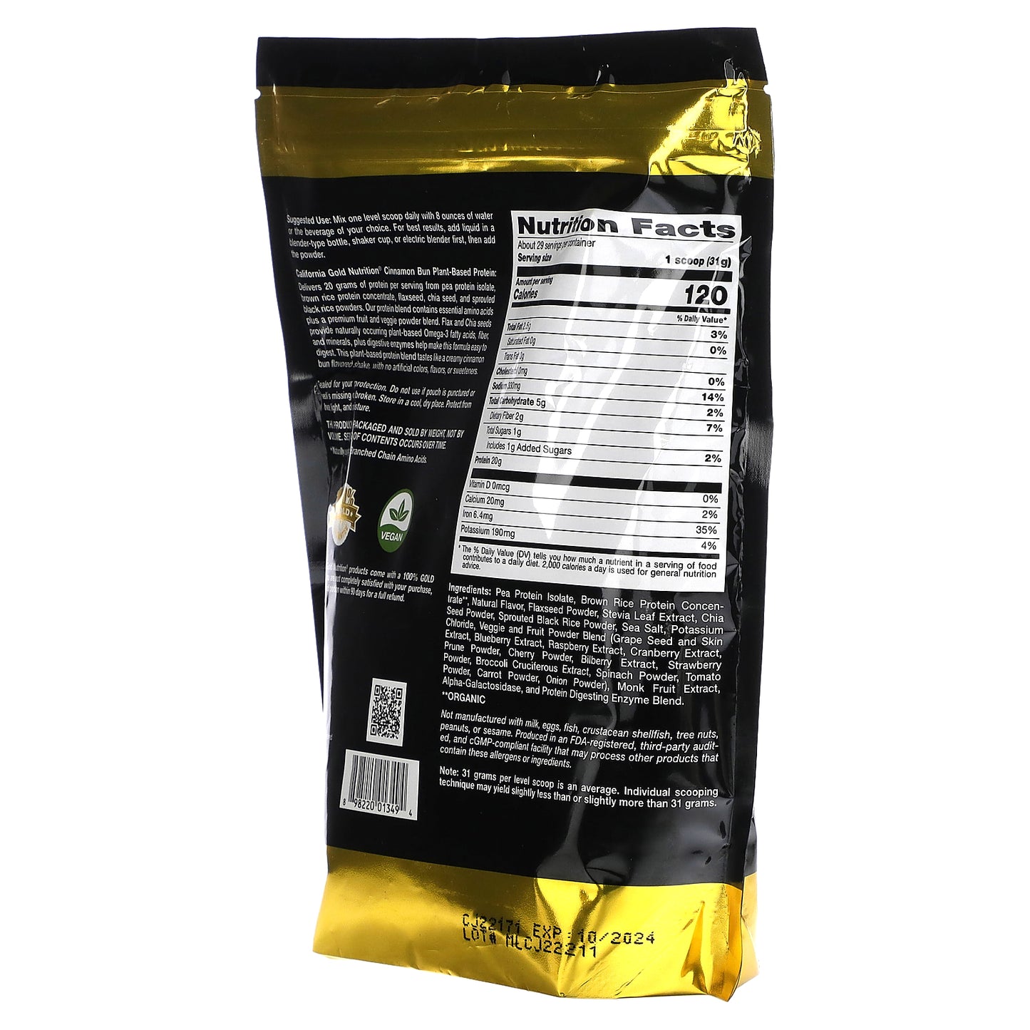California Gold Nutrition, Sport, Plant-Based Protein with Organic Brown Rice Protein Concentrate, Flaxseed, Chia Seed, Cinnamon Bun, 2 lb (907 g)