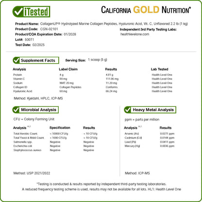 California Gold Nutrition, CollagenUP®, Hydrolyzed Marine Collagen Peptides with Hyaluronic Acid and Vitamin C, Unflavored, 2.2 lb (1 kg)