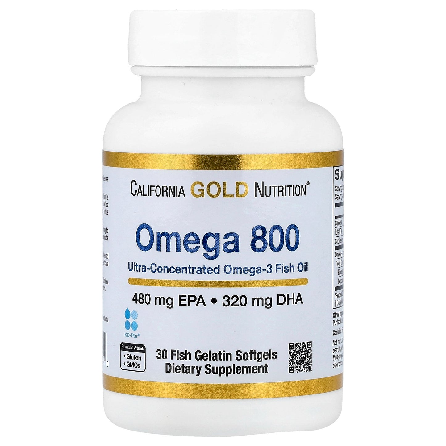 California Gold Nutrition, Omega 800 Ultra-Concentrated Omega-3 Fish Oil, kd-pur® Triglyceride Form, 30 Fish Gelatin Softgels (1,000 mg per Softgel)