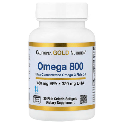 California Gold Nutrition, Omega 800 Ultra-Concentrated Omega-3 Fish Oil, kd-pur® Triglyceride Form, 30 Fish Gelatin Softgels (1,000 mg per Softgel)