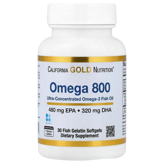 California Gold Nutrition, Omega 800 Ultra-Concentrated Omega-3 Fish Oil, kd-pur® Triglyceride Form, 30 Fish Gelatin Softgels (1,000 mg per Softgel)