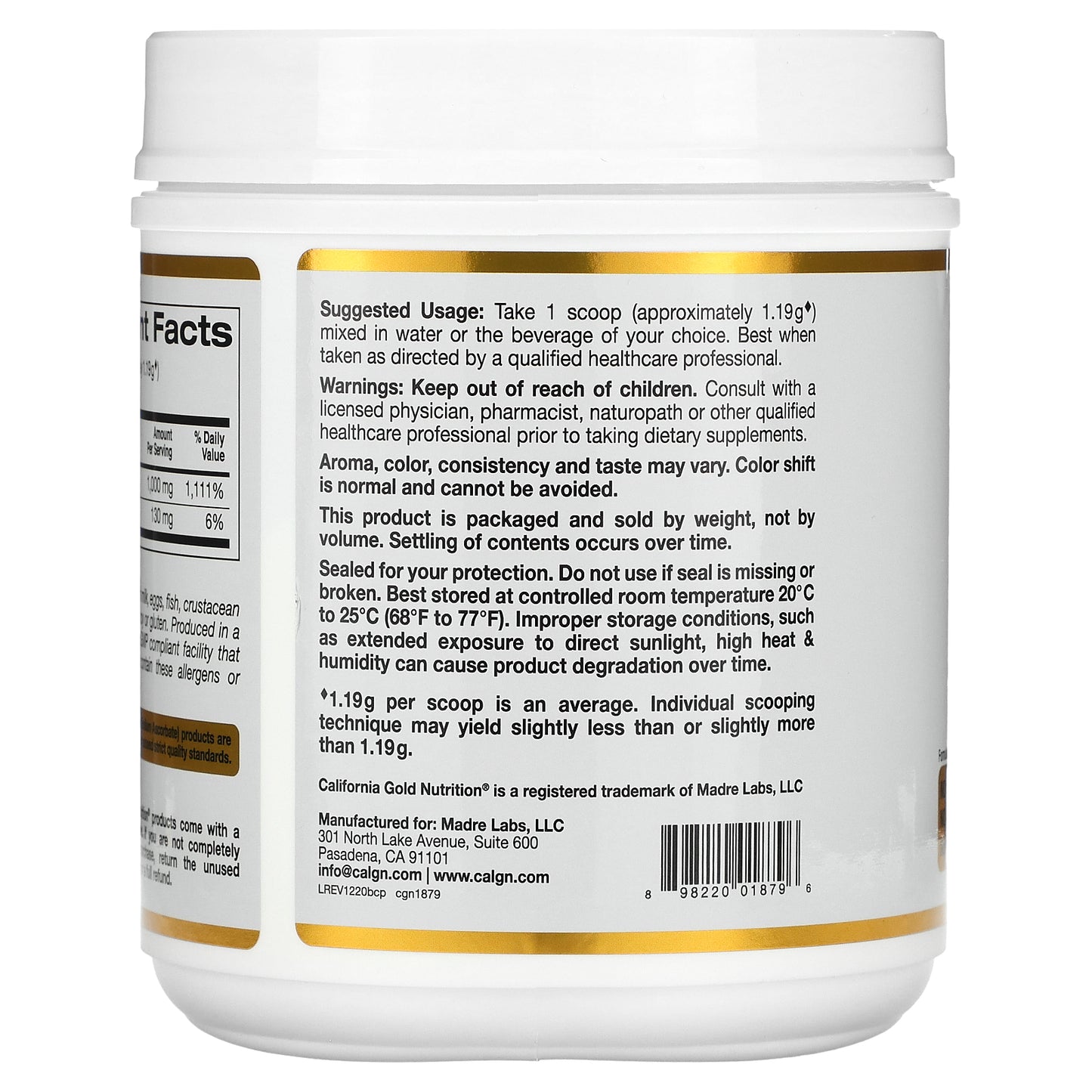 California Gold Nutrition, Buffered Gold C®, Non-Acidic Vitamin C Powder, Sodium Ascorbate, 2.2 lb (1 kg)