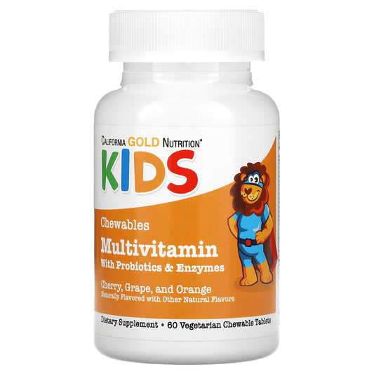 California Gold Nutrition, Chewable Multivitamins with Probiotics, Enzymes, Vitamin A and Vitamin C for Children, Assorted Fruit, 60 Vegetarian Tablets