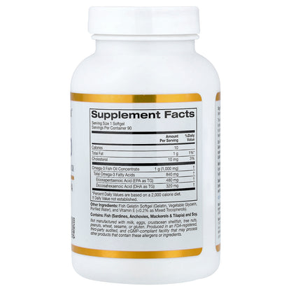 California Gold Nutrition, Omega 800 Ultra-Concentrated Omega-3 Fish Oil, kd-pur Triglyceride Form, 90 Fish Gelatin Softgels (1,000 mg per Softgel)
