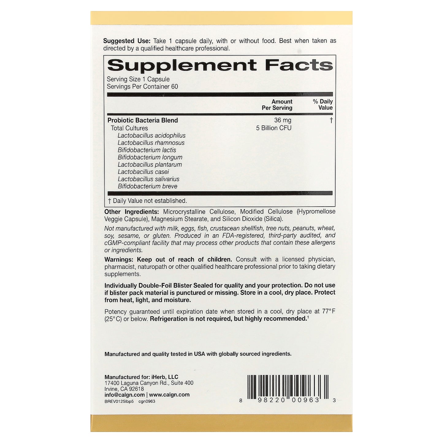 California Gold Nutrition, LactoBif® 5 Probiotics, 5 Billion CFU, 60 Veggie Capsules