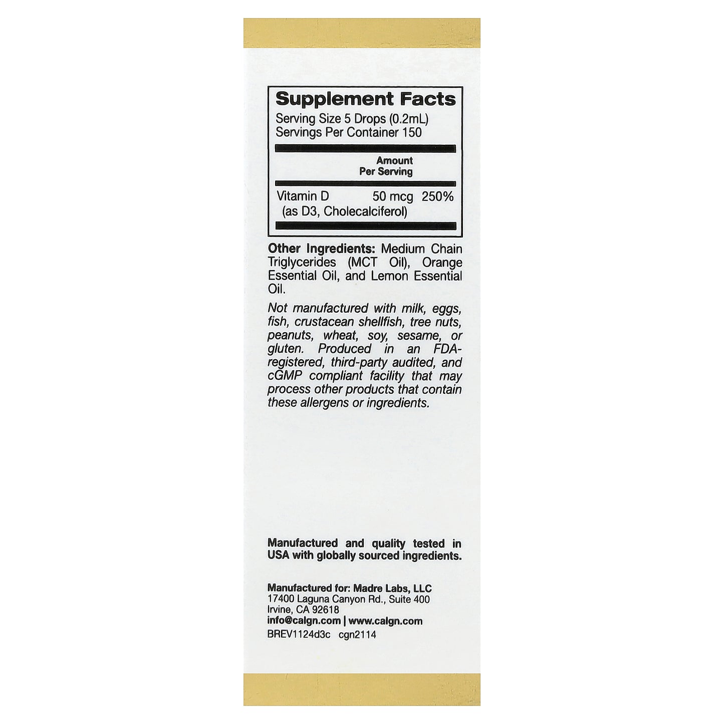 California Gold Nutrition, Vitamin D3, Citrus, 50 mcg (2,000 IU), 1 fl oz (30 ml)