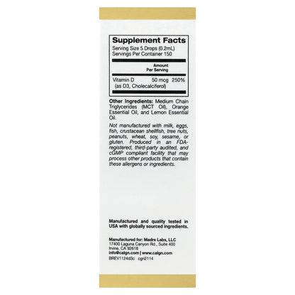California Gold Nutrition, Vitamin D3, Citrus, 50 mcg (2,000 IU), 1 fl oz (30 ml)