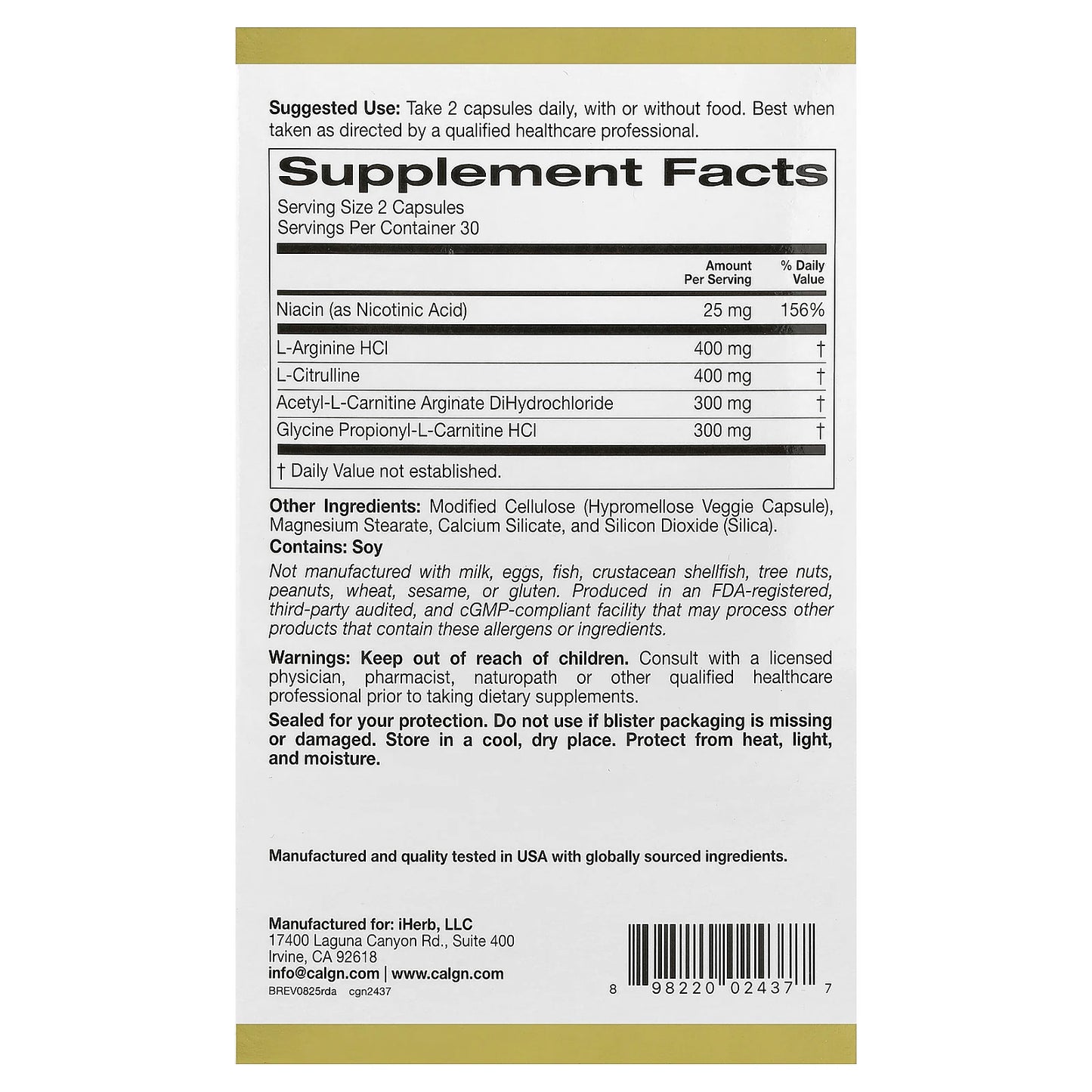 California Gold Nutrition, Rexdrive® Amino with L-Arginine HCl, L-Citrulline, Acetyl-L-Carnitine Arginate DiHydrochloride, and Glycine Propionyl-L-Carnitine HCl, Men's Formula, 60 Veggie Capsules