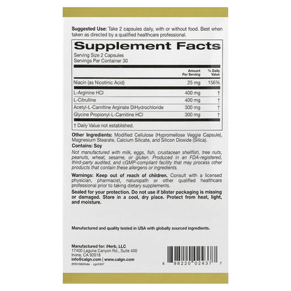 California Gold Nutrition, Rexdrive® Amino with L-Arginine HCl, L-Citrulline, Acetyl-L-Carnitine Arginate DiHydrochloride, and Glycine Propionyl-L-Carnitine HCl, Men's Formula, 60 Veggie Capsules