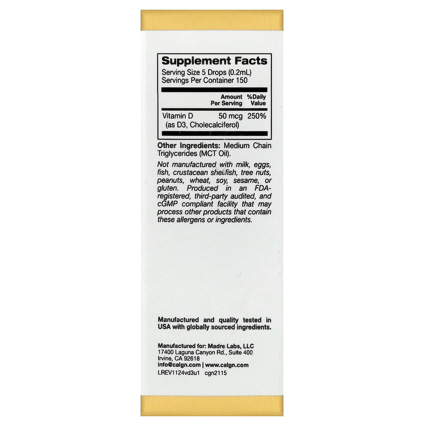 California Gold Nutrition, Vitamin D3, Unflavored, 50 mcg (2,000 IU), 1 fl oz (30 ml)