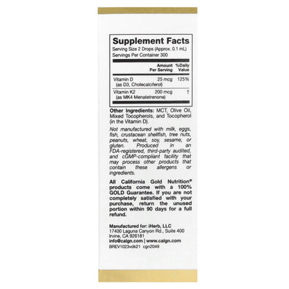 California Gold Nutrition, Vitamin D3 + K2 as MK4, 25 mcg (1,000 IU), 1 fl oz (30 ml)