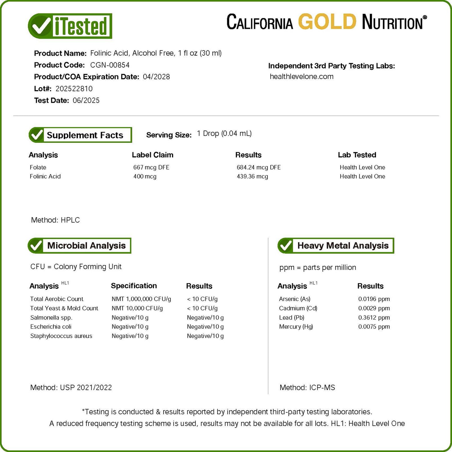 California Gold Nutrition, Folinic Acid, Alcohol Free, 1 fl oz (30 ml)