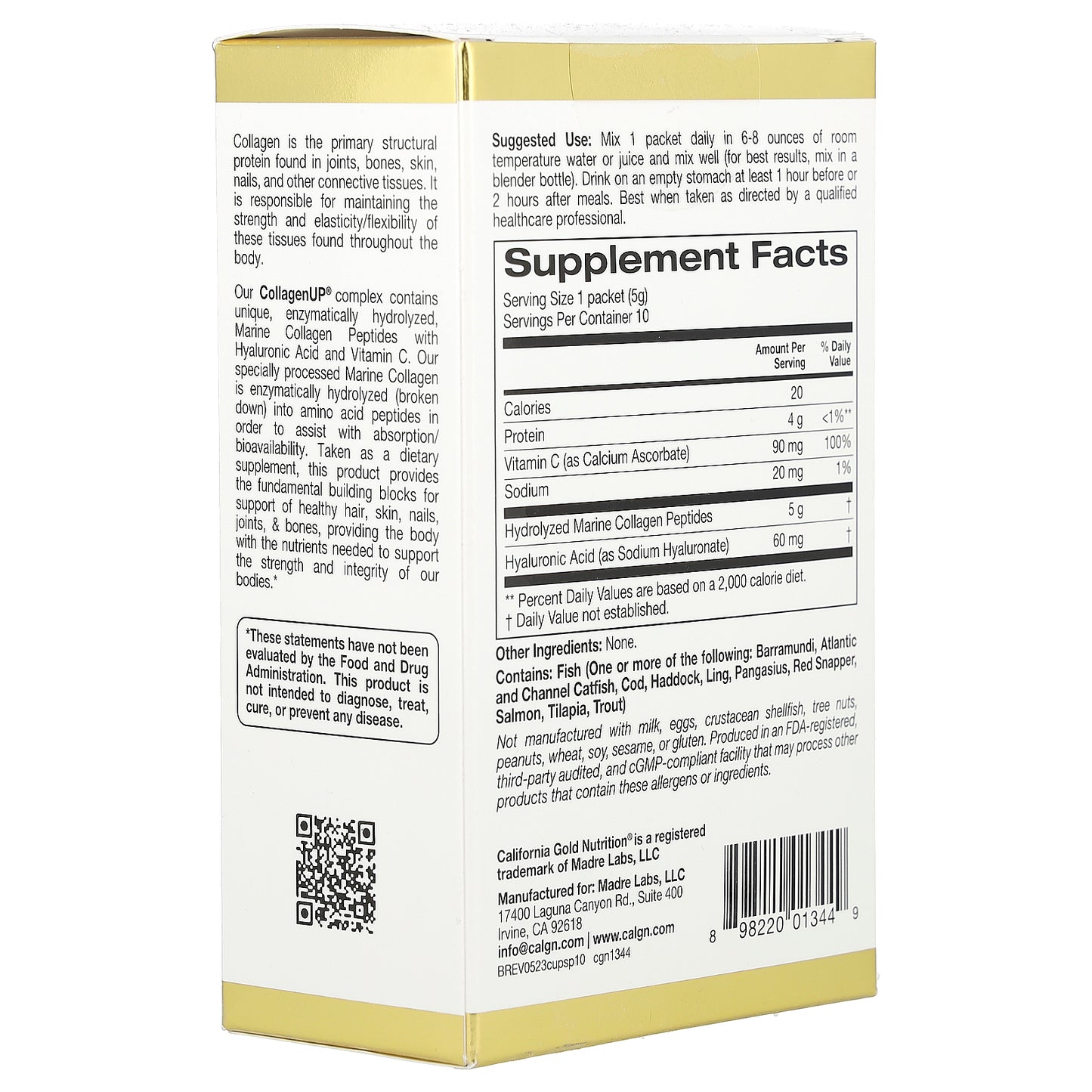 California Gold Nutrition, CollagenUP®, Hydrolyzed Marine Collagen Peptides with Hyaluronic Acid and Vitamin C, Unflavored, 10 Packets, 0.18 oz (5 g) Each