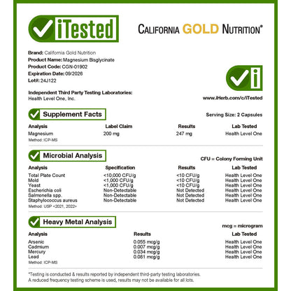 California Gold Nutrition, Magnesium Bisglycinate Chelate, Albion TRAACS®, 240 Veggie Capsules (100 mg per Capsule)