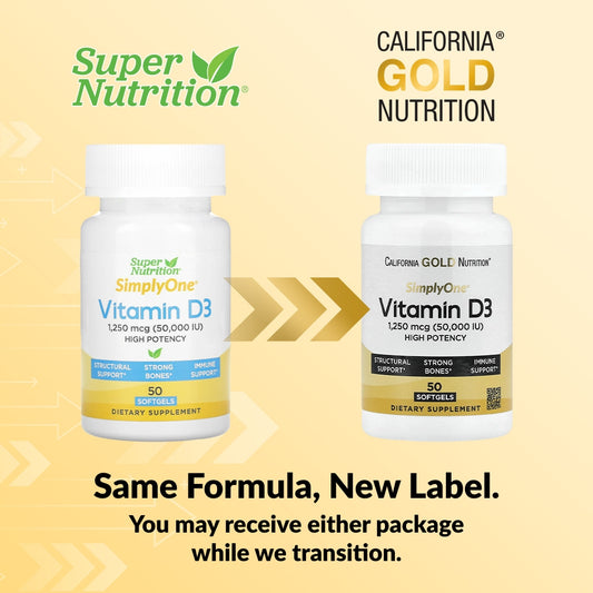 California Gold Nutrition, SimplyOne®, Vitamin D3, 1,250 mcg (50,000 IU), 50 Softgels