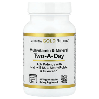 California Gold Nutrition, Multivitamin and Mineral with Methyl B12, Vitamin C, L-MethylFolate and Quercetin, Two-A-Day, 60 Veggie Capsules