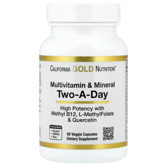 California Gold Nutrition, Multivitamin and Mineral with Methyl B12, Vitamin C, L-MethylFolate and Quercetin, Two-A-Day, 60 Veggie Capsules