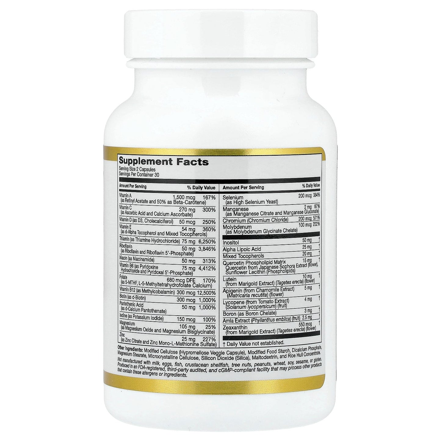 California Gold Nutrition, Multivitamin and Mineral with Methyl B12, Vitamin C, L-MethylFolate and Quercetin, Two-A-Day, 60 Veggie Capsules